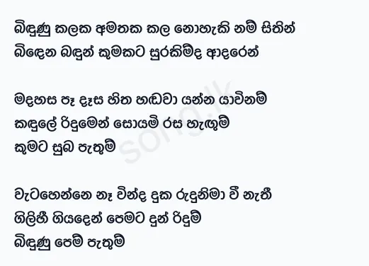 Bindunu Kalaka (Live) - Punsiri Soyza Lyrics