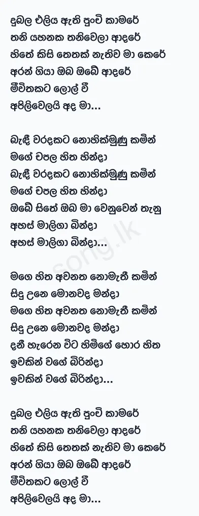 Dubala Eliya Athi Punchi Kamare - Chamara Weerasinghe Lyrics