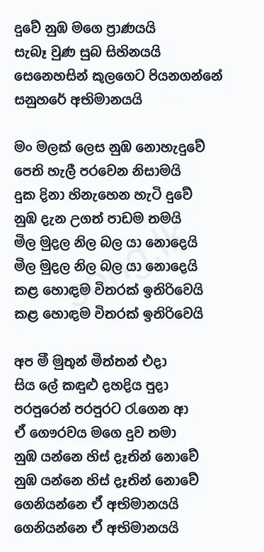 Duwe Numba Mage Pranayai - Sunil Edirisinghe Lyrics