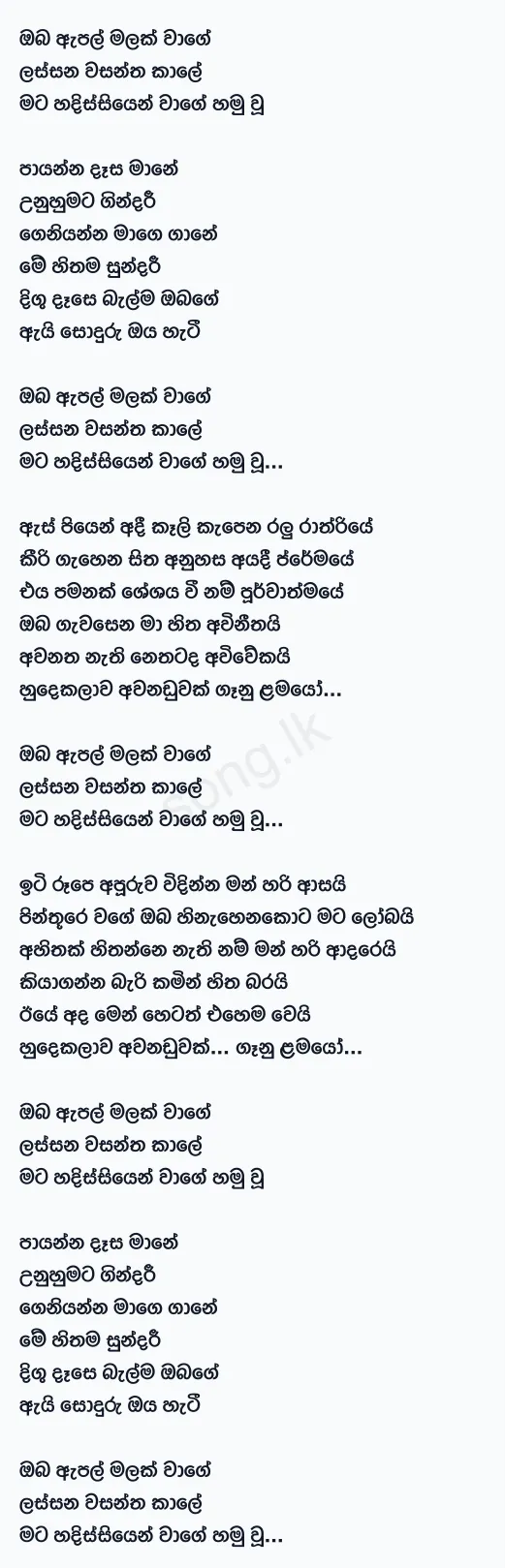 Oba Apple Malak Wage - Amarasiri Peiris Lyrics