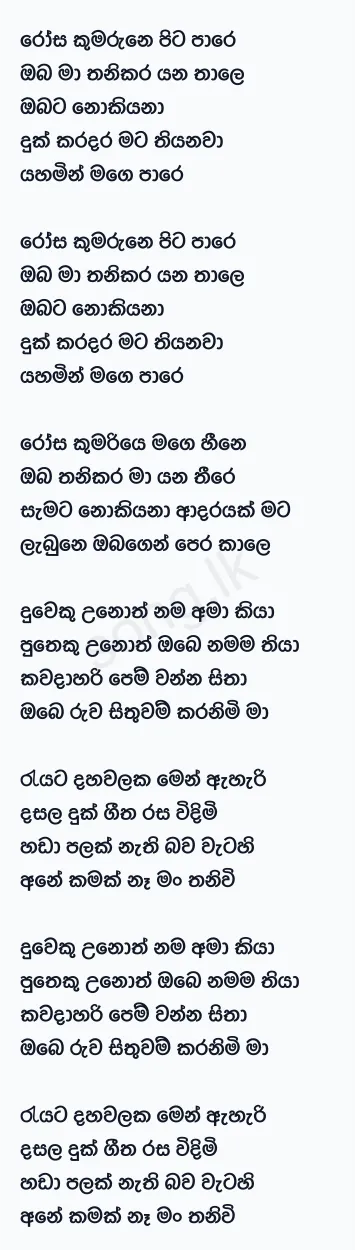 Rosa Kumarune - Abhisheka Wimalaweera Ft Thisara Weerasinghe Lyrics